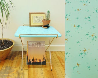Vintage Mid Century End Table, Magazine Rack Record Stand, Atomic Starburst Design, Blue Top Gold Wire, TV Tray Telephone Table
