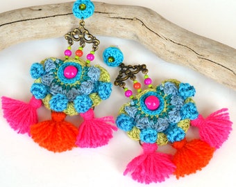pom pom earrings, colorful festival earrings, mexican earrings, bold fringe earrings, large tassel earrings, neon earrings, gipsy earrings