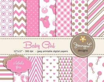 50% OFF Baby Shower Digital papers, Baby Girl Baptism, Birth Announcement, Baby Rattle, Baby Bottle, It's a Girl Digital Scrapbooking Papers