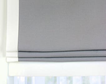 Gray Flat Roman Shades with Banded White Off-White
