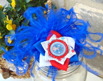 Red White and Blue Memorial Day Independence Day Fireworks Feathers and Flower Hair Clip