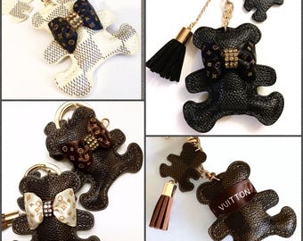 Upcycled Authentic LOUIS VUITTON Ribbon, Monogram Bow & Crystals Stuffed Damier Canvas Bear Tassel Keychain Bag Charm Inspired Bear,4 Colors