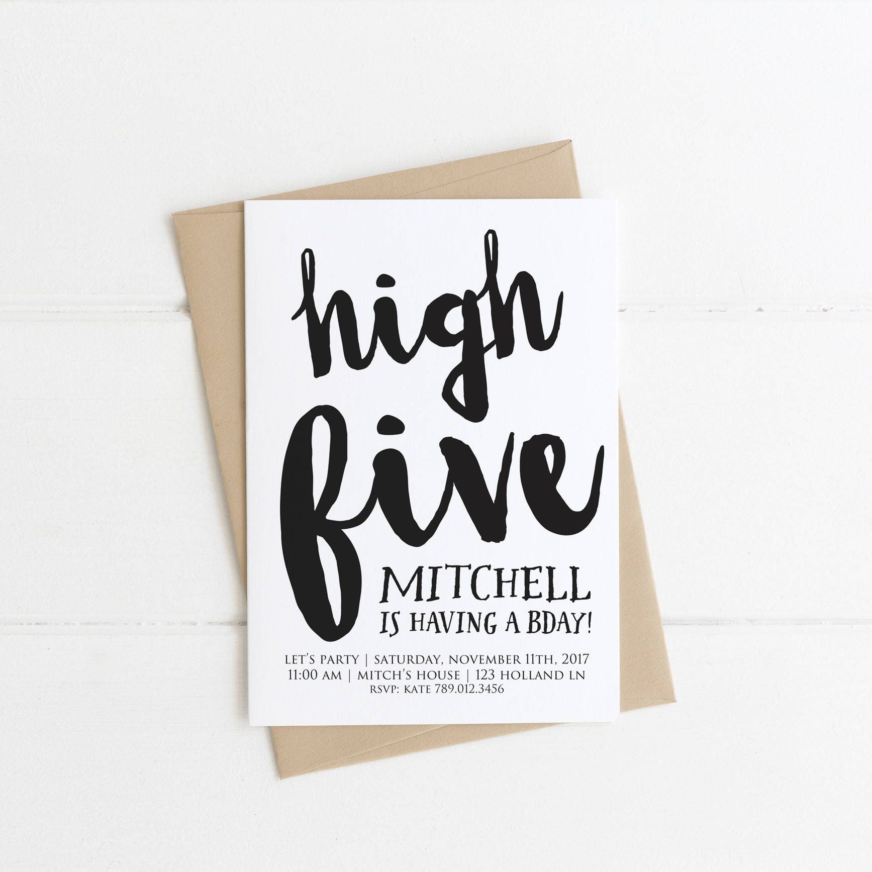 High Five 5th Birthday Invitation Black and White Hi Five