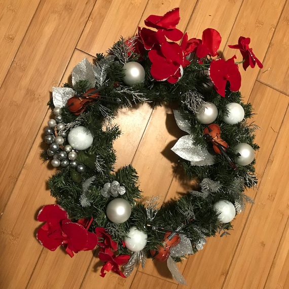 Beautiful Hand made Christmas Wreath Silver and white with red and silver accented flowers 18" across
