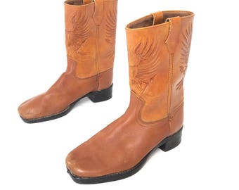 Vintage Tooled Leather Cowboy Boots Eagle Biker Honey Brown Womens US Size 6