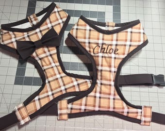 Tan plaid custom dog harness with chocolate brown bowtie, bow, embroidery , and matching leash options