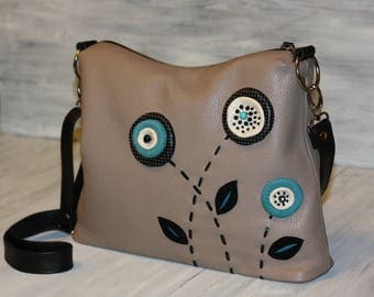 Leather bag/leather handbag/Grey leather hobo bag/leather handbag handmade/bag with flowers/tote leather bags/Cross body Grey leather bag