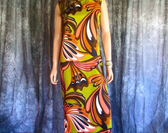 Vintage 1960s Hawaiian Column Dress 60s Barkcloth Maxi Dress