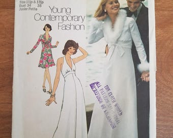 1970s Simplicity 6658 Vintage Sewing Pattern Junior Petite Halter Dress in two lengths, cropped jacket Size 11jp & 13jp Bust 34-35 UNCUT