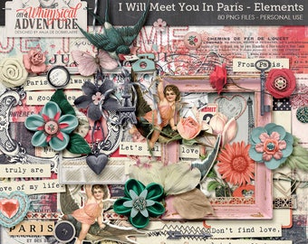 Paris digital download scrapbooking elements, French digital scrapbook embellishments, clip art, vintage ephemera, romantic, love, travel