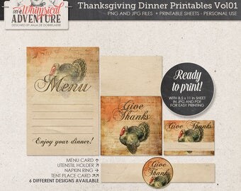 Utensil Holders, Menu Cards, Place Cards, Napkin Rings, Printable, Thanksgiving Dinner, Instant Download, Digital Collage Sheet, To Gather