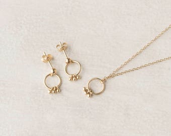Gold Dream Catcher Necklace Earrings - Tiny Circle Earrings - Minimalist Jewelry Set - Set of Gold Necklace Earrings - Dream Catcher Jewelry