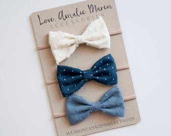 Tuxedo Bow Baby Headband Set of Three Fabric Bows - Infant Bow Nylon Elastic Headband Toddler Hair Clip - Baby Girl Headband, Denim Chambray
