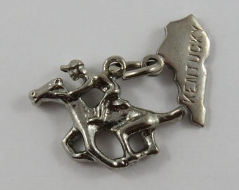 Racing Horse With Jockey & Kentucky Tag Silver/Nickel Vintage Charm For Bracelet