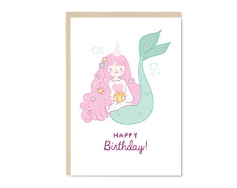 Birthday Mermaid - Cute Birthday Card - Illustration - Blank Inside - A6 Card
