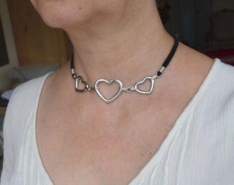 Choker, black choker, black velvet choker, stainless steel, heart necklace, heart choker, black and silver choker (727)