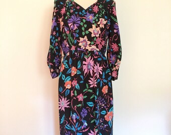 80s Italian Silk Dress // Vintage Floral Italian Silk // Size M
