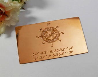 Custom Coordinates Wallet Insert, copper gift, Custom Mens gift, Engraved wallet insert, Adventure Gift, travel gift, coordinate jewelry
