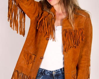 Gilet/Veste Navajo En Cuir De Daim à Franges Et Perles - Vintage 80/90 - Taille S - Style Western