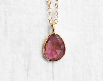 Pink Tourmaline Necklace - Rose Cut Slice - Gold Vermeil - Gemstone Necklace