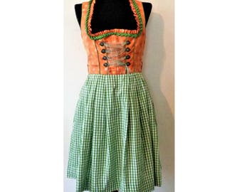 German Dirndl Dress, Green Orange Dress, Dirndl, Green Orange Dirndl Dress, Oktoberfest Bavarian Trachten, Size 38/