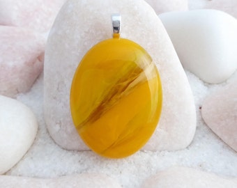 Fused glass pendant, yellow pendant, yellow necklace, oval pendant