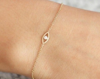 Evil Eye 14K Gold Bracelet, White Diamond, Dainty Gold Bracelet, Stacking Diamond Bracelet, Evil Eye Bracelet, Dainty Gold Bracelet, GB0287