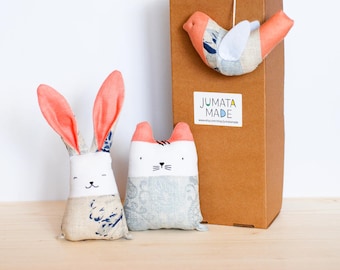 Blush coral baby rabbit, fabric toys set. Soft baby toys in the box, linen stuffed rabbit, embroidered cat, hanging bird, gift for new mom