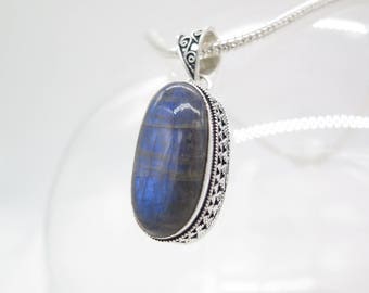 Blue Fire Labradorite Sterling Silver Pendant and Chain