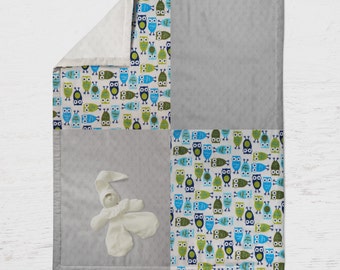 Minky owls with cuddle dots infant boy blanket