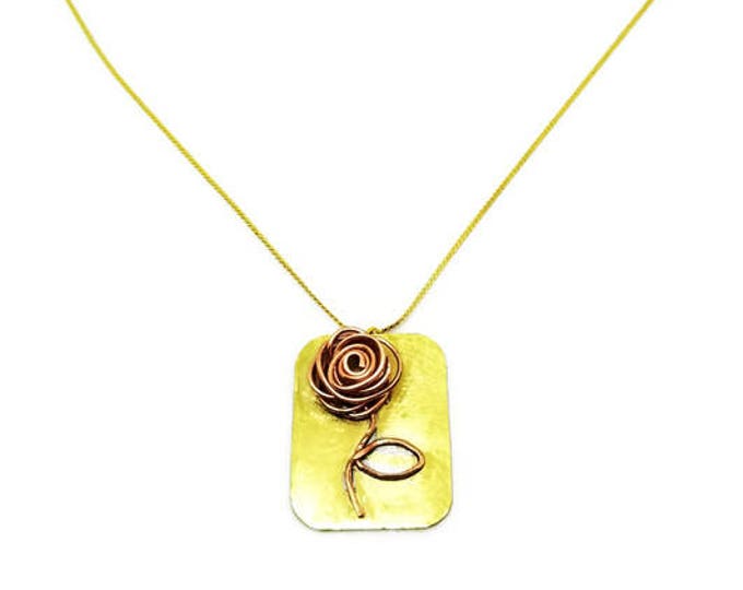 Copper Rose Pendant, Brass and Copper Pendant, Mixed Metal Pendant, 22k Gold Plated Chain, Copper, Brass & Gold Necklace