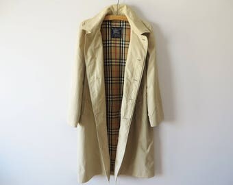 Men TRENCH Coat . Vintage 1980s BEIGE Belted Long Jacket Mens