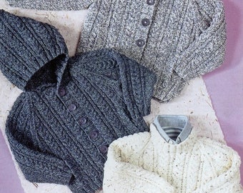 Childrens Aran Sweater Jacket With Hoodie Hooded Jacket Knitting Pattern. PDF Instant Download.