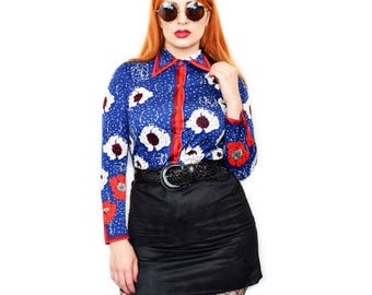 True Vintage Mid 60s Vera Neumann Top Floral Red Blue and Black Size Small