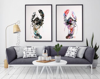 Kitchen decor Wall art Lobster poster Art print Nephropidae modren art Homaridae drawing Sea food Contemporary wall art Mixed media pfotos