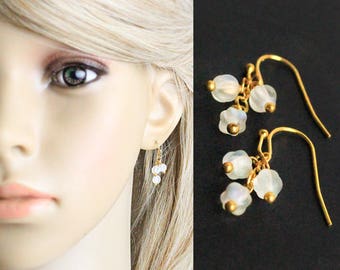 14k gold earrings white jewelry moonstone earrings gold white earrings daughter gift cluster earrings glass earrings dainty jewelry gift K11