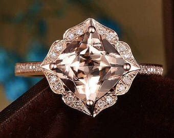 Rose Gold Morganite Engagement Ring Diamond Eternity Band Women Unique Bridal Set Flower Floral Vintage Cushion Cut Anniversary Gift for Her