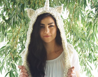 White Unicorn Hood, Spirit Hood, Festival Hood, Hand Knit Unicorn Hood, Renaissance, Medieval Hood, Rave Clothing, Unicorn Hat, EDC Outfit
