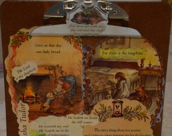 Tasha Tudor's artwork on a decoupaged clipboard features the 23rd Psalm