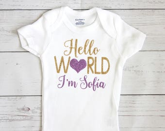 Hello world onesie | Personalized name, Take Home Outfit, Coming Home Outfit, Hello world, Baby shower gift, Baby girl clothes, onesie