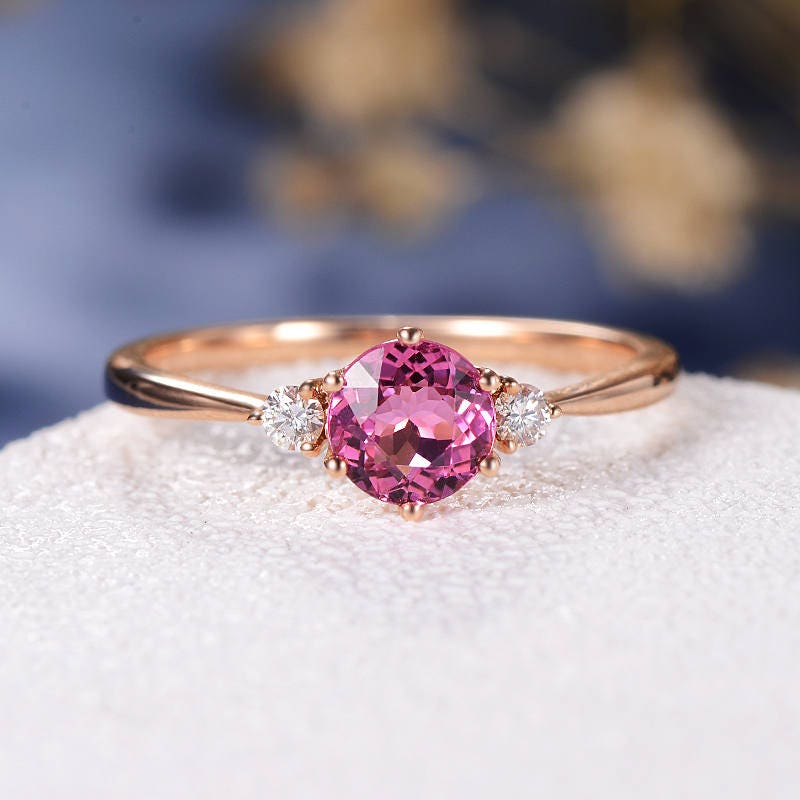 Tourmaline Engagement Ring Pink Rose Gold Three Stone
