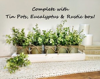 Rustic Planter Box Tin Pots With Greenery Farmhouse Table Centerpiece Home Decor Rustic Planter Box Tin Pots With Greenery Farmhouse Table Centerpiece Home Decor