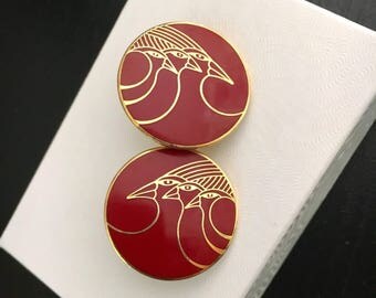 Vintage Laurel Burch earrings, red earrings with birds signed Celestial Birds", enamel burgundy earrings, pop art, bird earrings