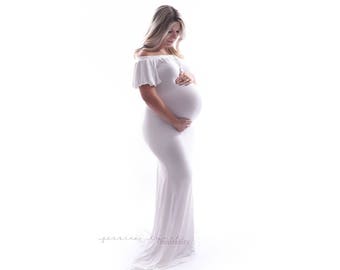 IRIS GOWN- Fitted Maternity Gown, Ruffle Sleeve Off Shoulder Maternity Gown, Short Sleeve, Slim Fit Gown, Photo Shoot, Maxi Dress