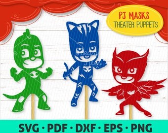PJ Masks puppets paper silhouettes cutting files SVG, dxf, pdf, png, eps - stick puppets, DIY shadow theater, digital download