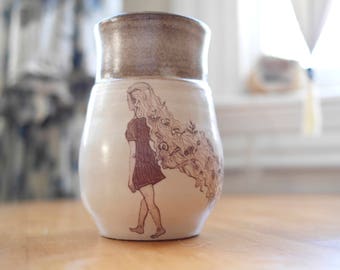 Hand-thrown Stoneware Ceramic Mug | Original Design | Fantasy Girl with Long Hair | Collect Girl