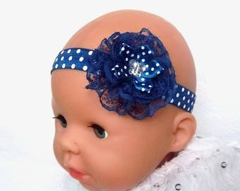 Baby girl headband 03/18 months Navy polka dots, lace and satin Navy Blue polka dot, rhinestone Butterfly
