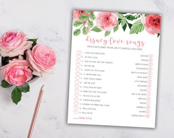 Bridal Shower Disney Love Songs Game - Pink Floral - Instant Printable Digital Download - Bridal Shower Games