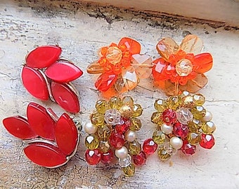 FREE SHIPPING Vintage Lot Clip Earrings Destash Red Orange Gold