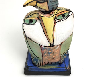 Owl art, handmade one of a kind ceramic owl art,"Owl Person and the Beauty Bird Dreaming Love", 6-5/8" tall